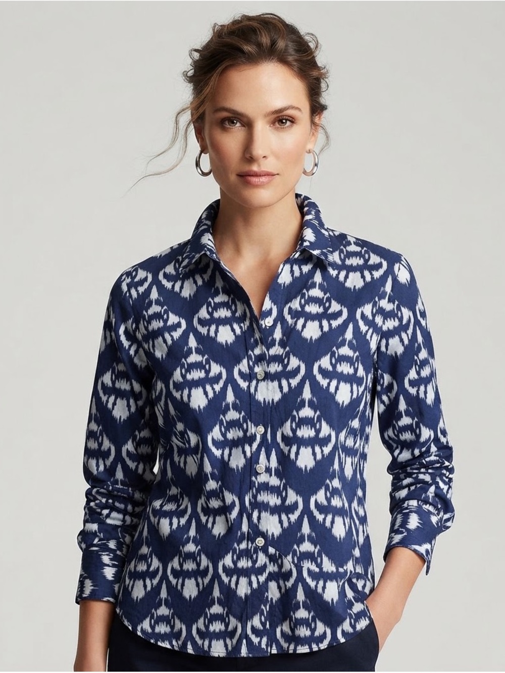 Talbots Blue White Ikat Print Button Down Cotton Shirt XL